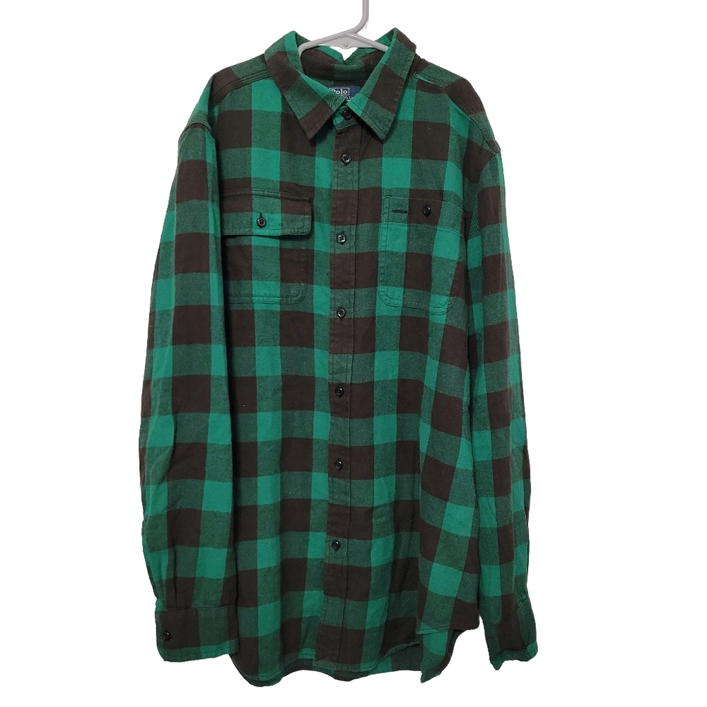 Ralph Lauren Green Buffalo Plaid Button Down Shirt Size Boys XL (18-20) Flannel